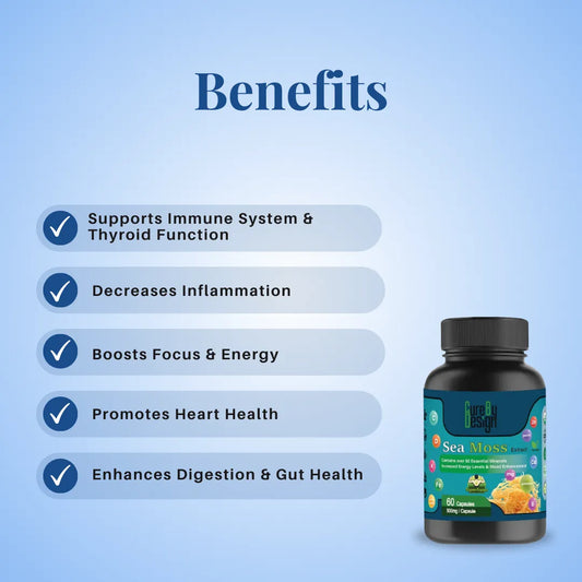 Cure By Design: Seamoss Extract 500mg | 60 Capsules Supplement bottle with list of benefits on a blue background