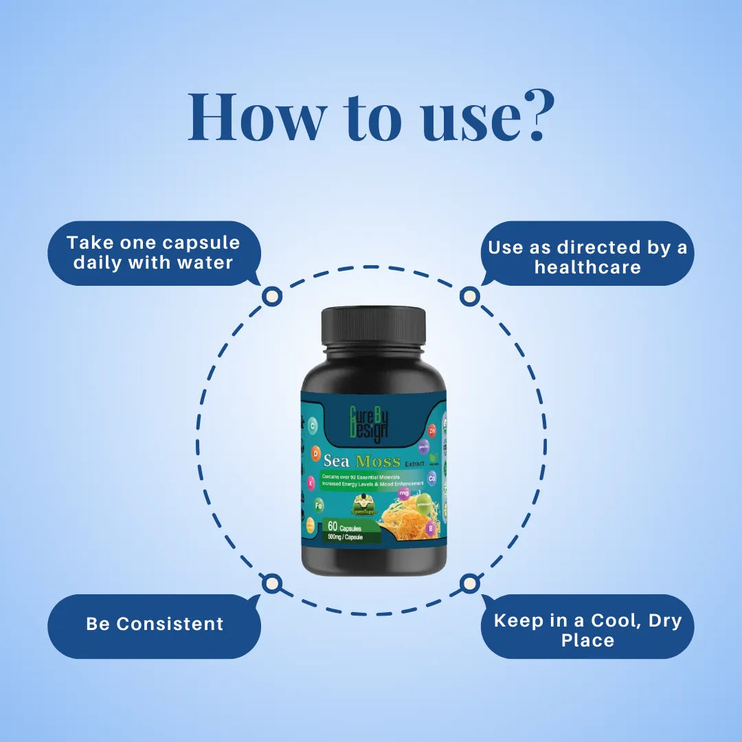 Bottle of Cure By Design: Seamoss Extract 500mg | 60 Capsules with usage instructions on a blue background