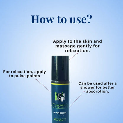Cure by Design Stress Therapeutic Body Oil   for bottle with usage instructions on a blue background