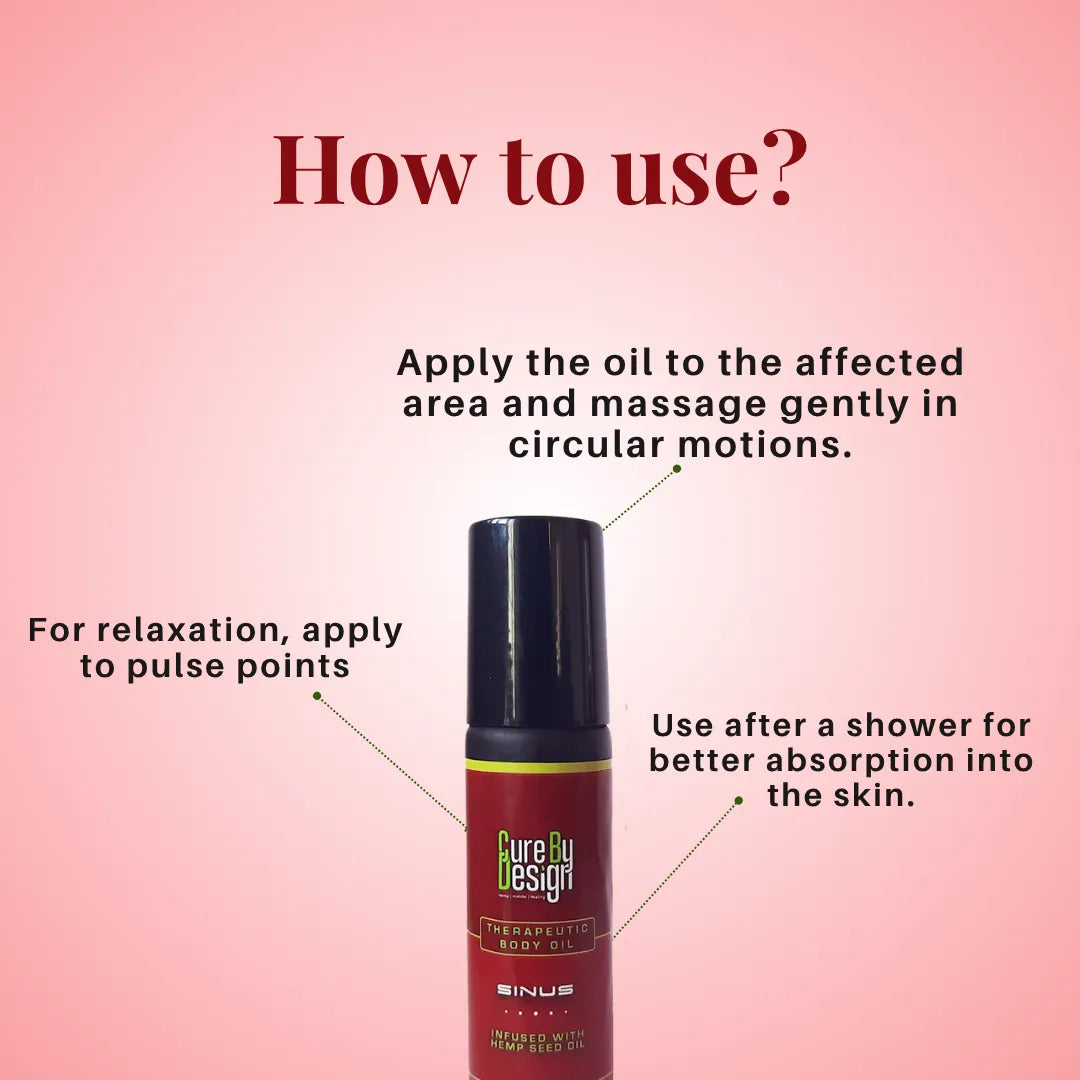 Body oil bottle with usage instructions on a pink background