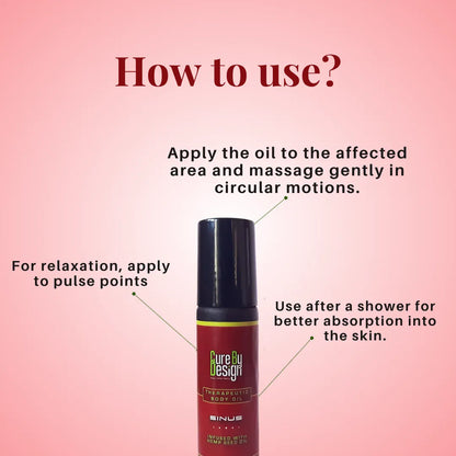 Body oil bottle with usage instructions on a pink background