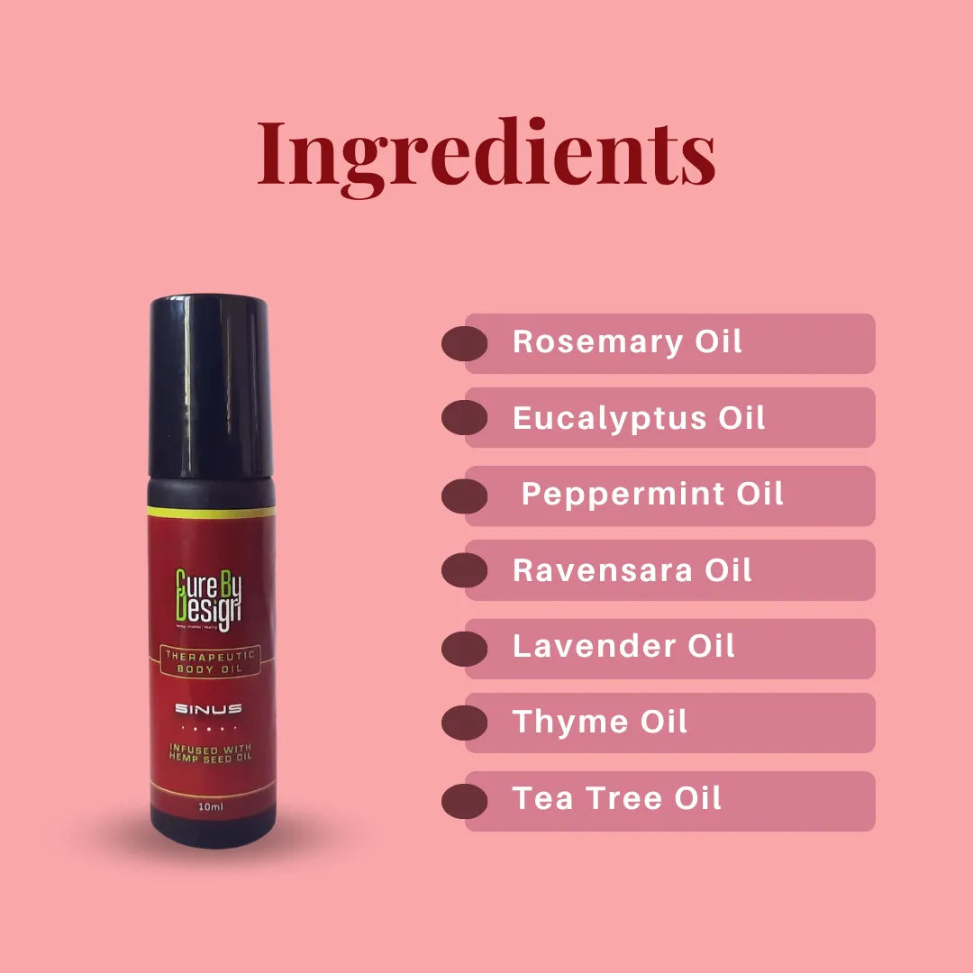 Cure By Design Therapeutic Roll-on for Sinus, product bottle with list of ingredients on a pink background