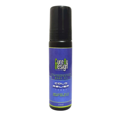 Bottle of Cure By Design Cold Relief body oil on a white background
