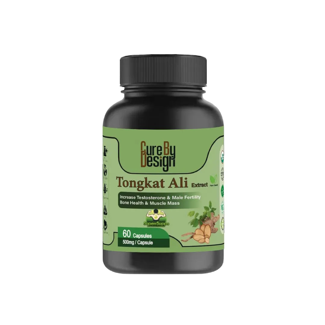 Tongkat Ali supplement bottle with green label on a white background