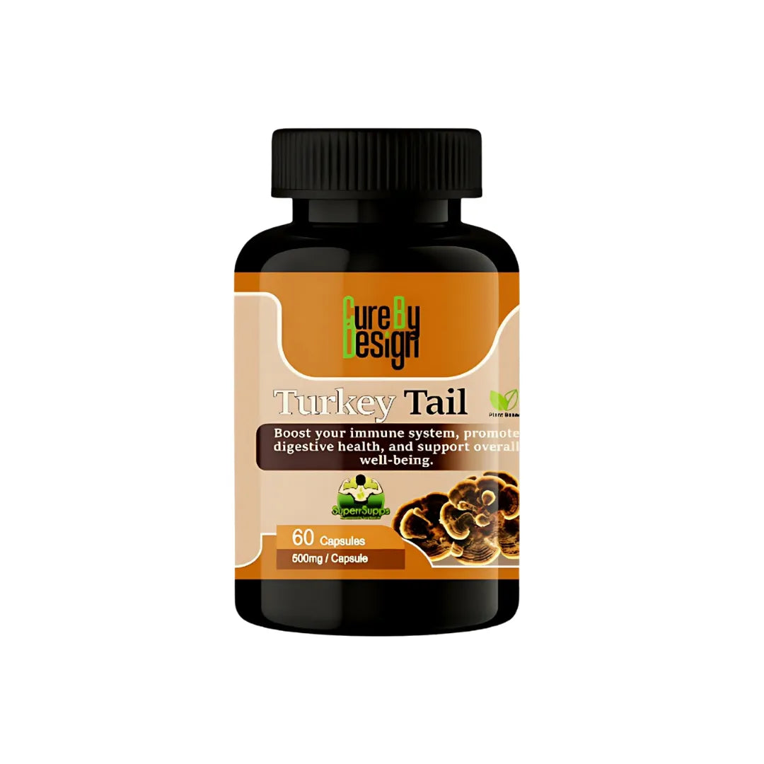 Bottle of Turkey Tail supplement with label on a white background