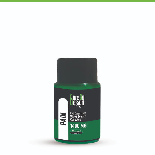 Bottle of 'Pain' vijaya extract capsules with green and black label on a white background