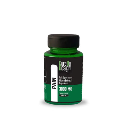Green supplement bottle labeled 'Pain Vijaya Extract Capsules' with 'Cure by Design' on a white background