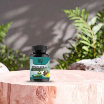 Bottle of Dandelion supplement on a wooden surface with plants in the background