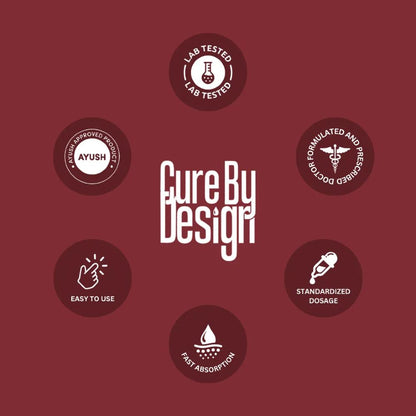 Cure By Design logo with various icons on a red background