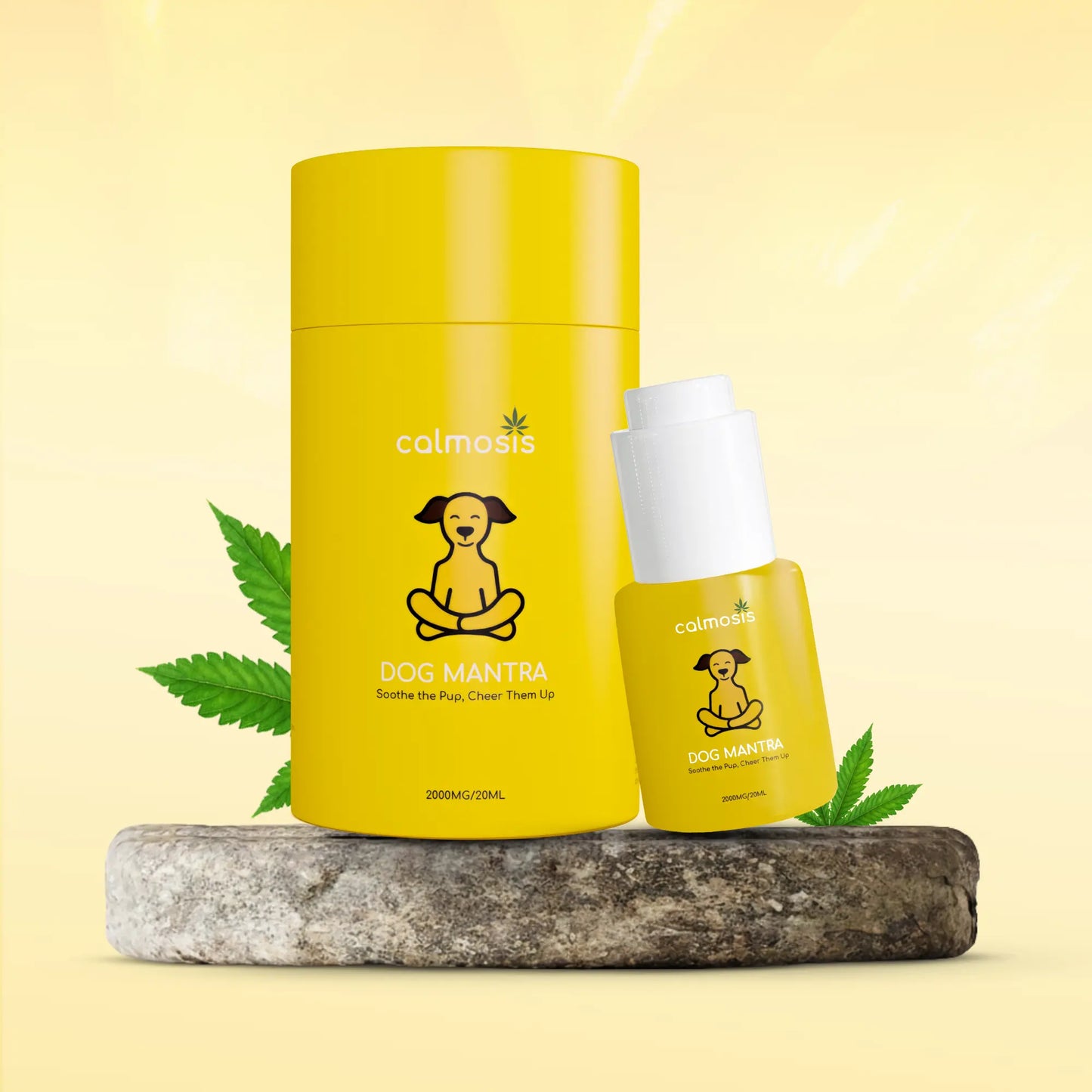 Yellow cylindrical container and smaller bottle with 'calmosis cbd product' branding on a light yellow background.