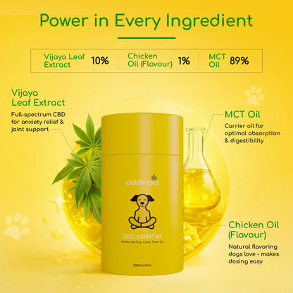 Yellow container with dog-related CBD product on a yellow background, featuring text about ingredients.