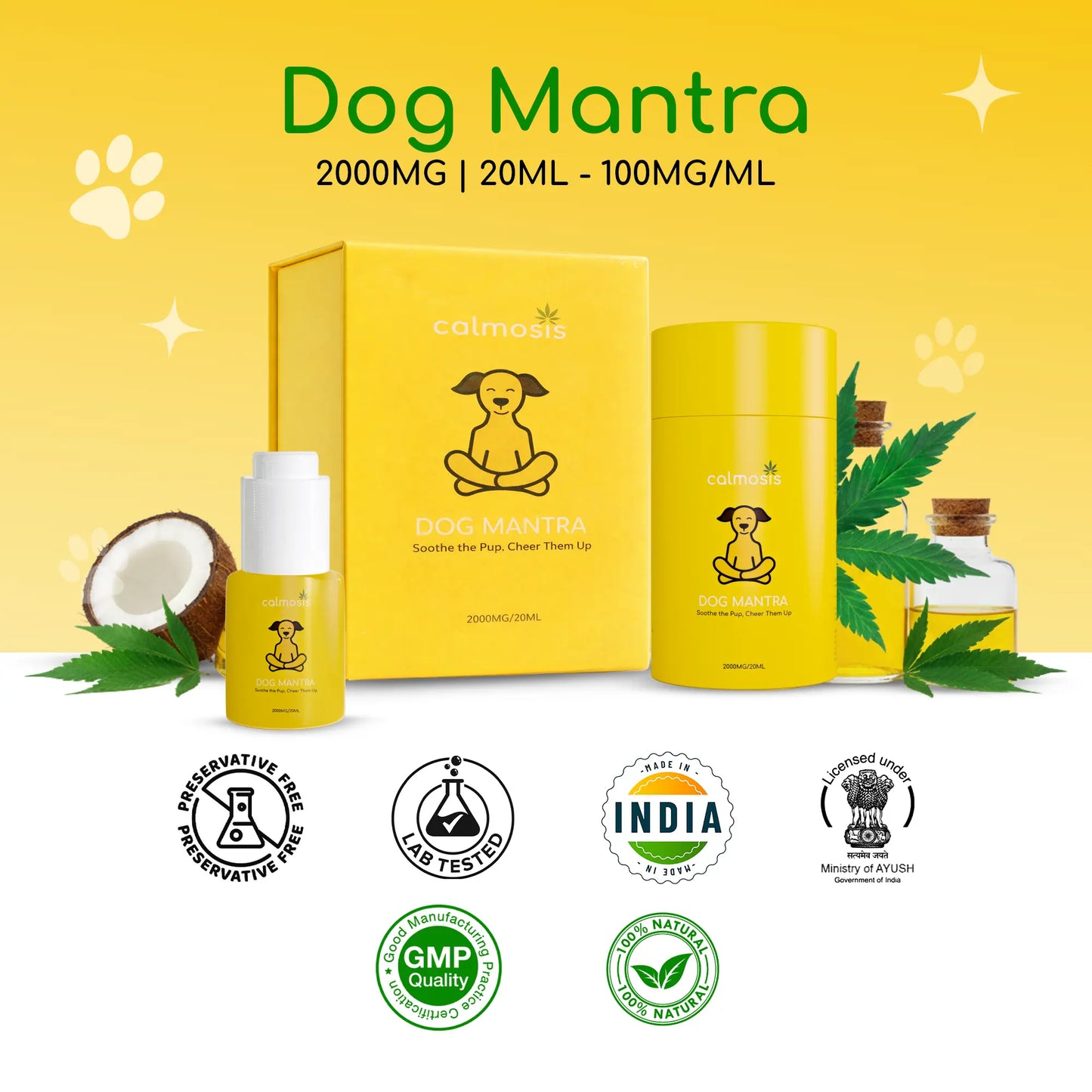 Dog Mantra pet CBD product packaging with yellow background, bottle, and box.
