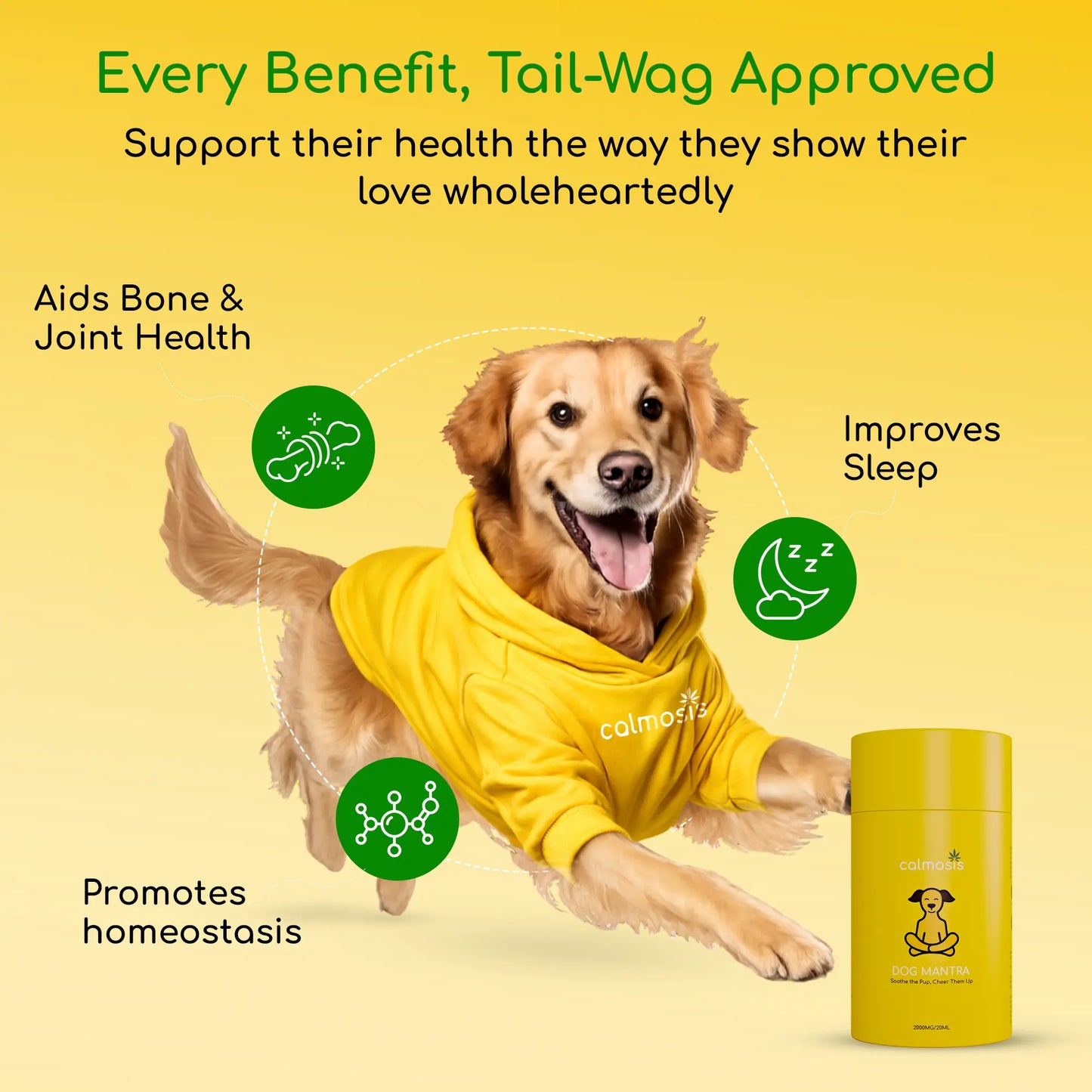 Dog wearing a yellow hoodie with 'Calmosis' branding, surrounded by health benefits on a yellow background.