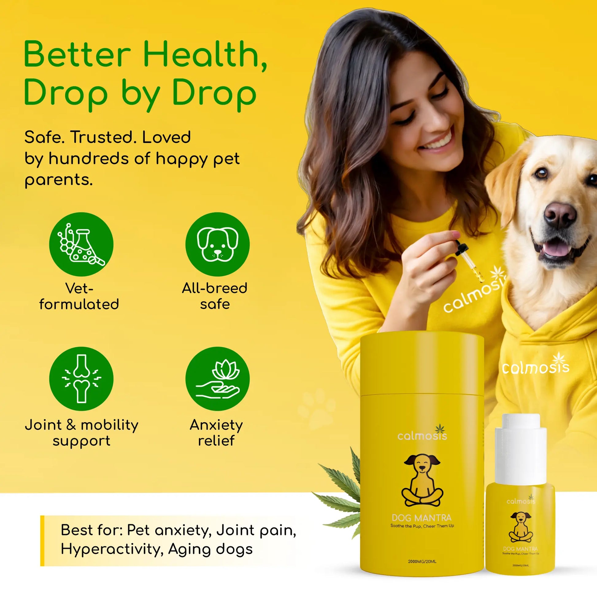 Woman holding a bottle of Calmosis pet CBD supplement with a dog on a yellow background
