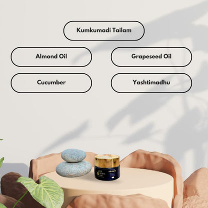 Cosmetic jar titled "THE YOIN: EYE CREAM" on a beige table with stones and a leaf.