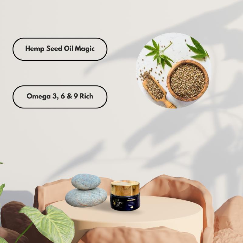 Two stacked stones and a jar on a round pedestal, with an inset of hemp seeds and leaves. Text: "Hemp Seed Oil Magic,.
