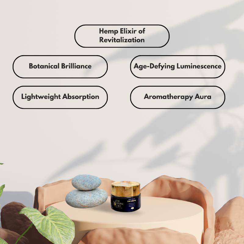  Skincare product displayed on a beige table with two light blue stones and surrounded by text bubbles.