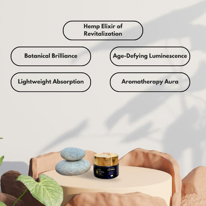  Skincare product displayed on a beige table with two light blue stones and surrounded by text bubbles.