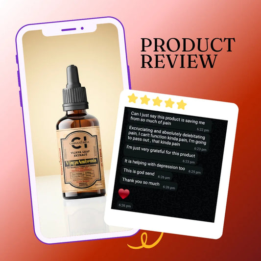 A promotional graphic for a CBD tincture product, showing a smartphone with a bottle labeled 'Vijaya Clear Leaf Extract' and a review card with customer feedback on a red-to-orange gradient background with the text 'PRODUCT REVIEW'.