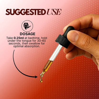A hand holds a glass dropper filled with amber liquid against a pink-to-red gradient background with text reading 'SUGGESTED USE' and dosage instructions.