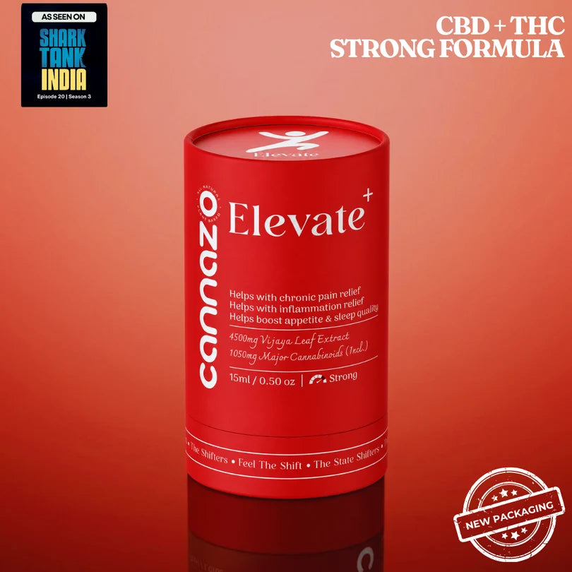A red cylindrical canister of Cannazo Elevate+ CBD + THC Strong Formula, shown on a matching red gradient background with promotional badges.