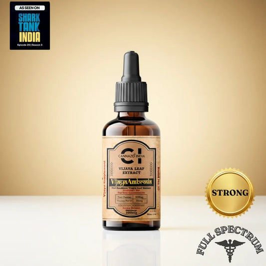 Bottle of Cannazo Vijaya Extract  product with a gold label and 'Strong' badge on a beige background.