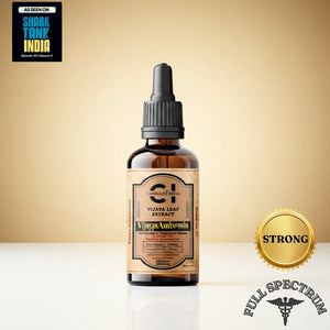 Bottle of Cannazo Vijaya Extract  product with a gold label and 'Strong' badge on a beige background.