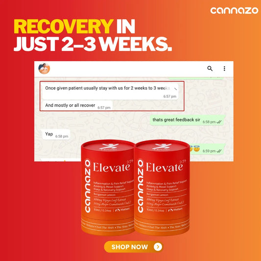 Promotional graphic for Cannazo Elevate 21 capsules showing two red cylindrical bottles on a red-to-orange gradient background, with large text reading 'RECOVERY IN JUST 2-3 WEEKS.' and a chat screenshot above the products.