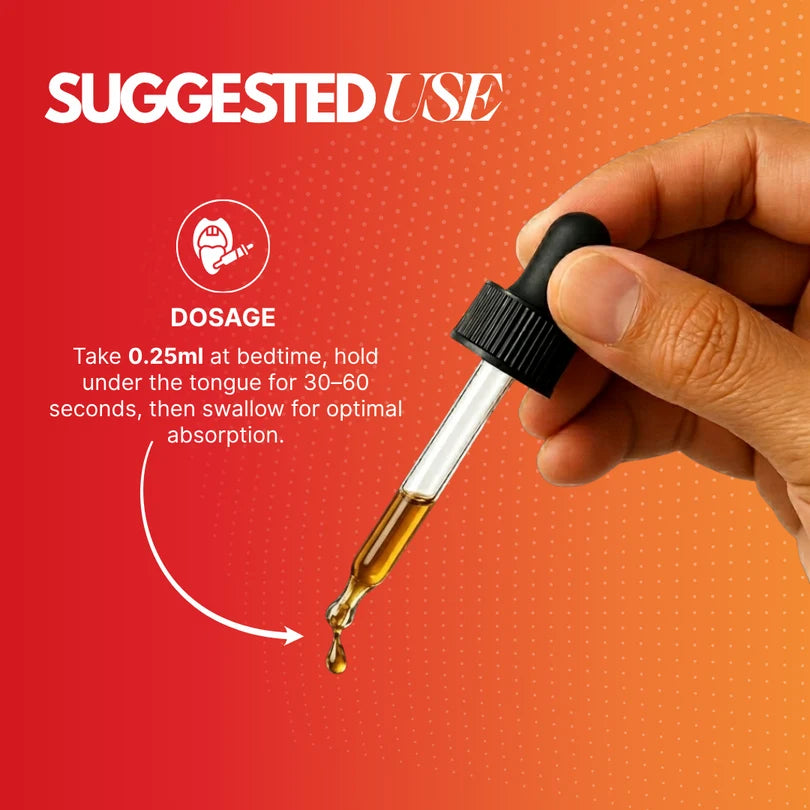 A hand holding a glass dropper filled with amber liquid over a red-to-orange gradient background with text reading 'SUGGESTED USE' and dosage instructions.