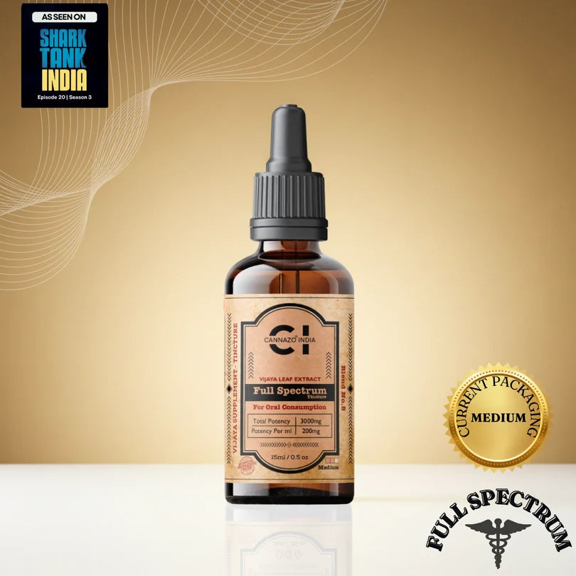 Bottle of cannazo full spectrum CBDextract with a gold background and 'Shark Tank India' logo.