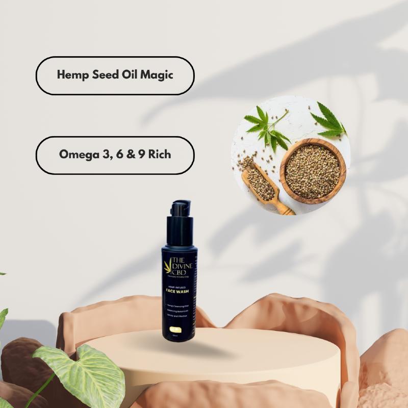Black bottle of The Divine CBD face wash on a beige pedestal with text: "Hemp Seed Oil Magic" and "Omega 3, 6 & 9 Rich.
