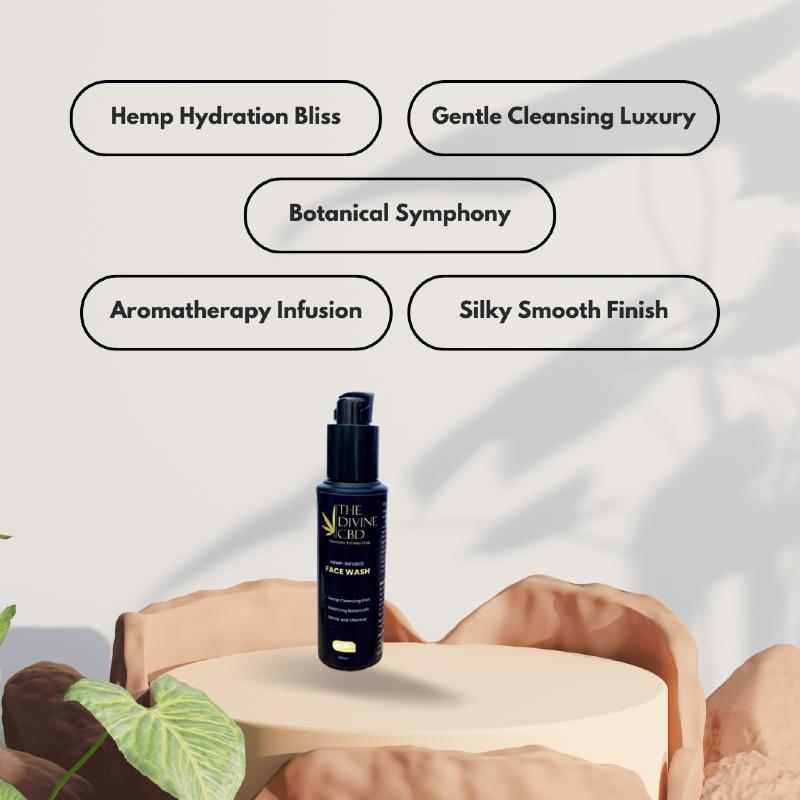 Black face wash bottle labeled "The Divine CBD" on a beige podium with descriptive text bubbles above.