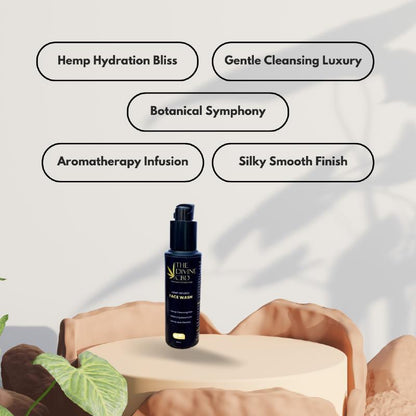 Black face wash bottle labeled "The Divine CBD" on a beige podium with descriptive text bubbles above.