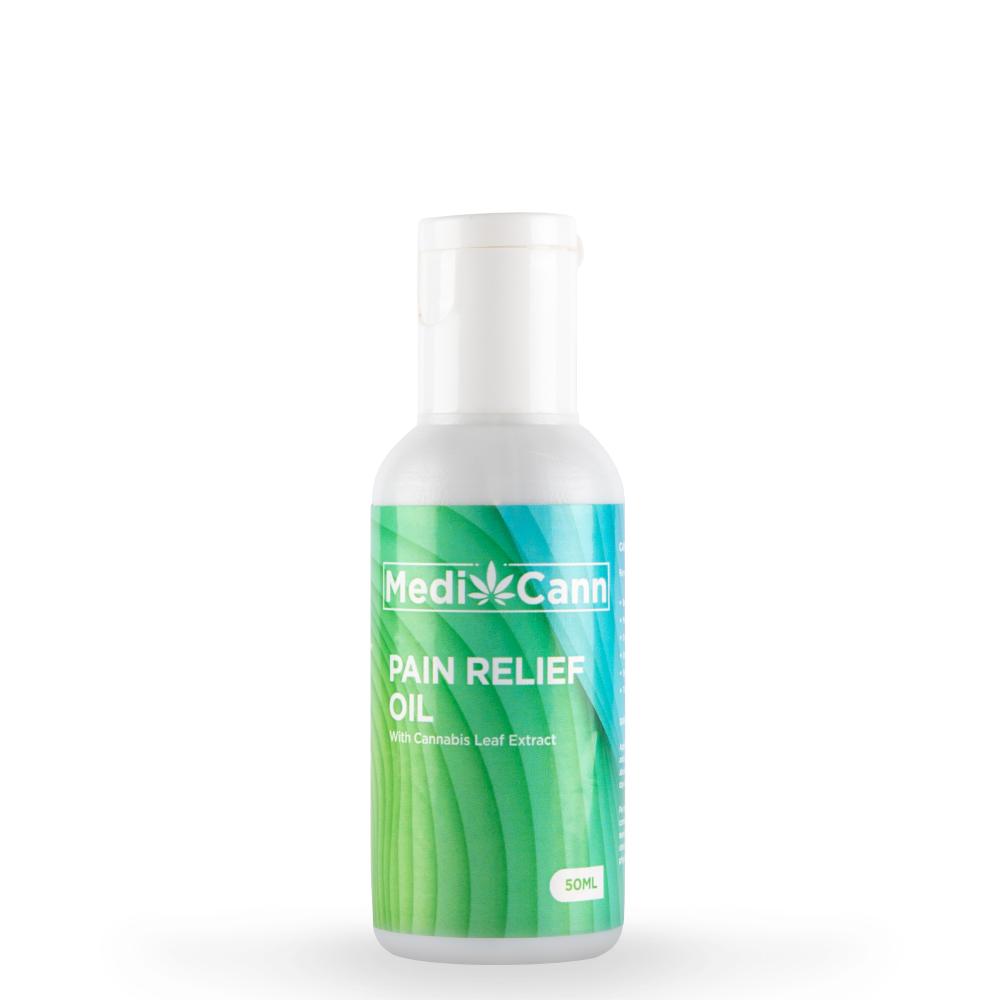 Small bottle of Medicann Pain Relief Oil with a green and blue label.

