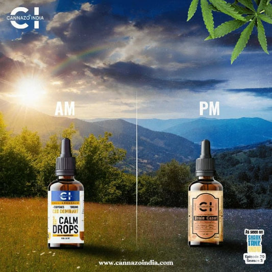 Two bottles of 'Calm Drops' CBD Oil with a scenic background divided into AM and PM.