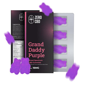 Two boxes of Zero CBD Grand Daddy Purple 15mg Broad Spectrum CBD Gummies with nutritional information on the packaging