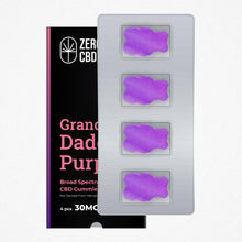 Load image into Gallery viewer, A purple package of Zero CBD Grand Daddy Purple Broad Spectrum CBD Gummies on a white background. The package contains four gummies and has nutritional information printed on it.
