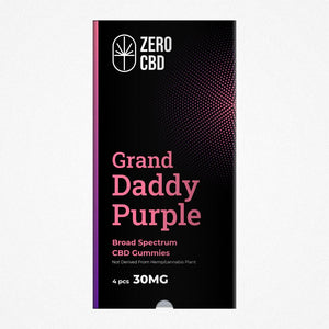 Zero CBD Grand Daddy Purple Broad Spectrum CBD Gummies. This package contains 4, 15mg gummies.