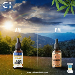 Two bottles of 'Calm Drops' CBD Oil with a scenic background divided into AM and PM.