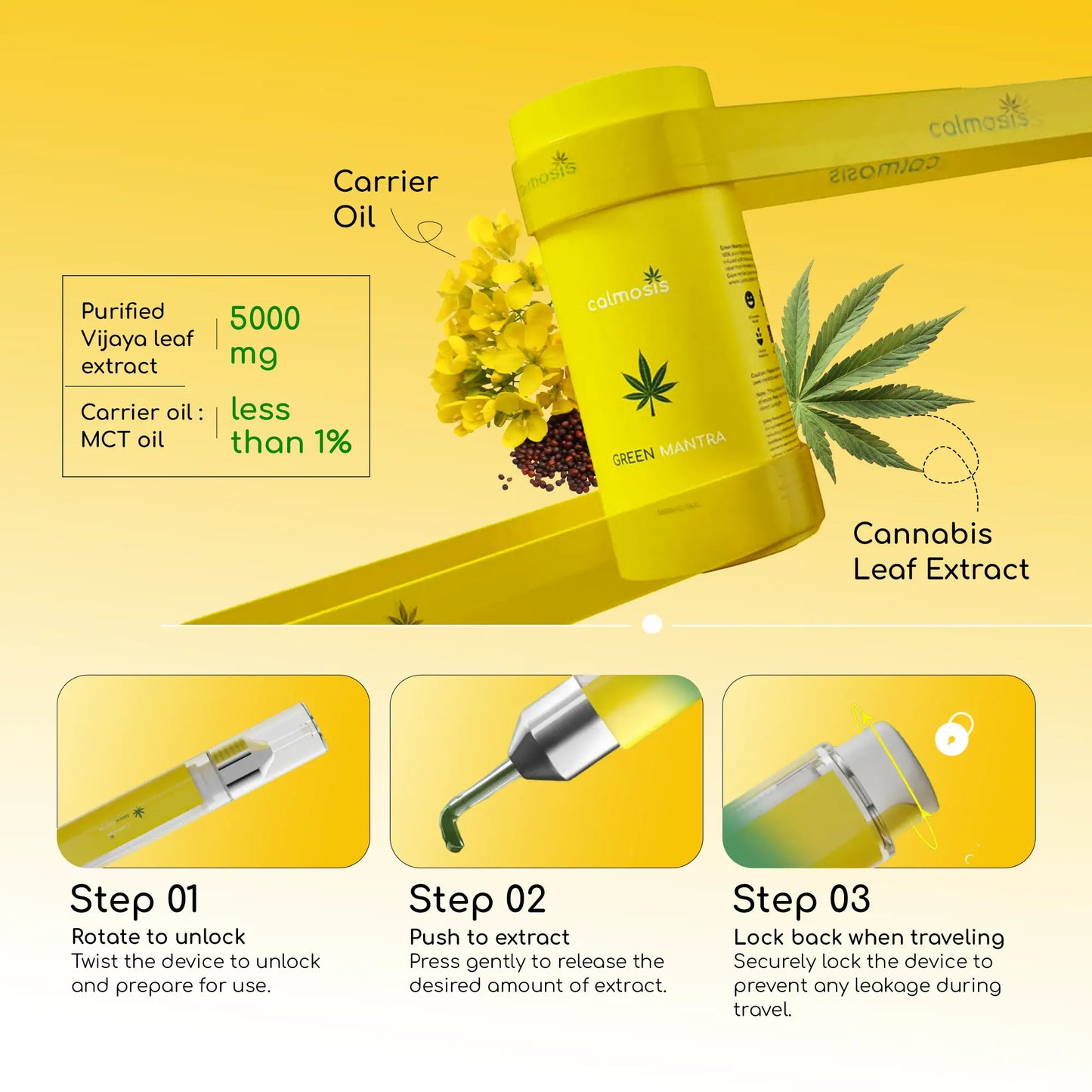 Yellow calmosis cannabis product with extraction steps on a yellow background