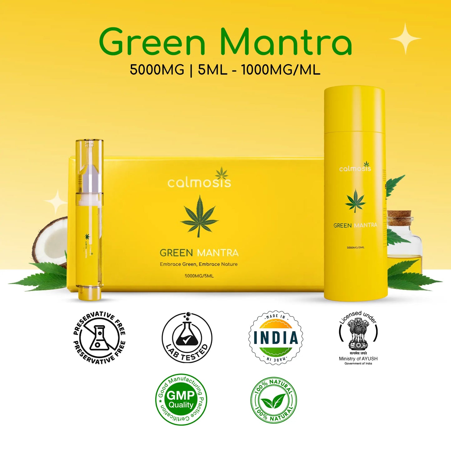 Yellow packaging of Green Manta CBD product with branding and certification logos on a yellow background