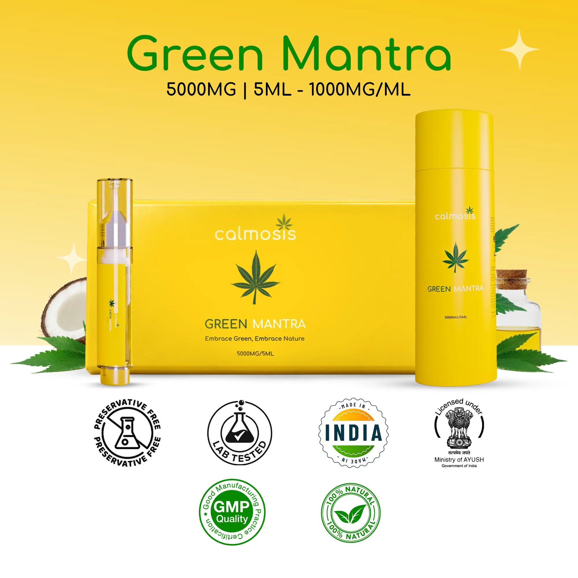 Yellow packaging of Green Manta CBD product with branding and certification logos on a yellow background