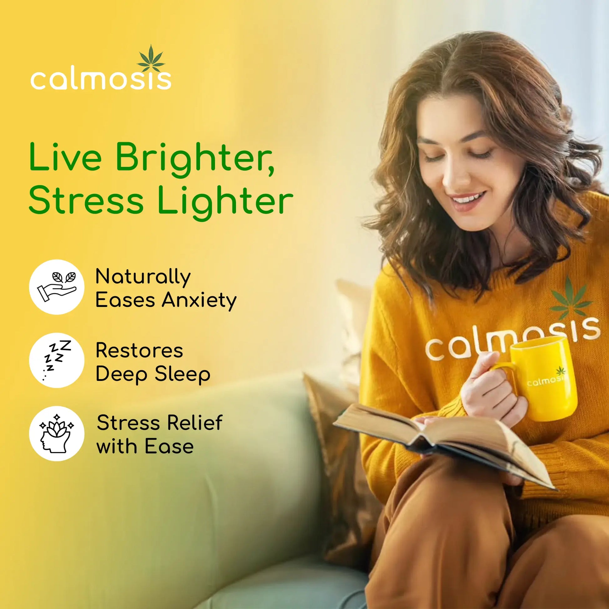 Woman reading a book and holding a mug with 'calmosis' CBD Product branding on a yellow background.