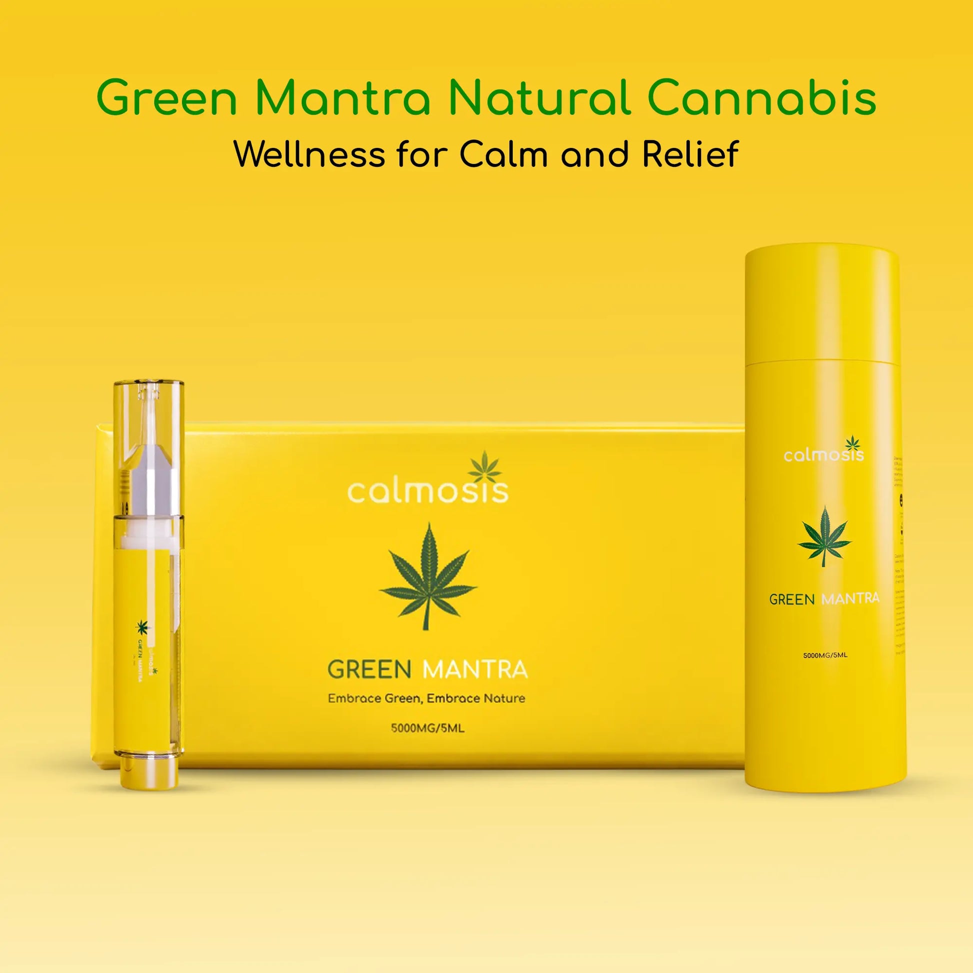Green Mantra natural cannabis products on a yellow background