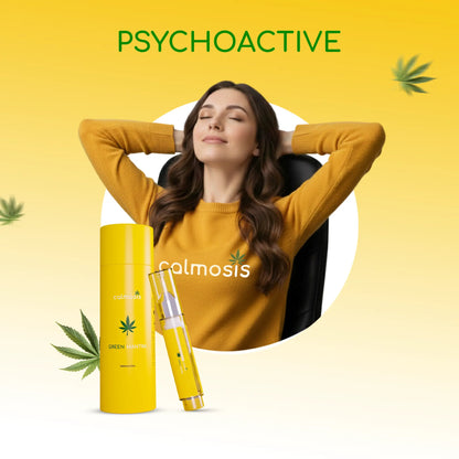 Woman relaxing with 'Calmosis' CBD products on a yellow background