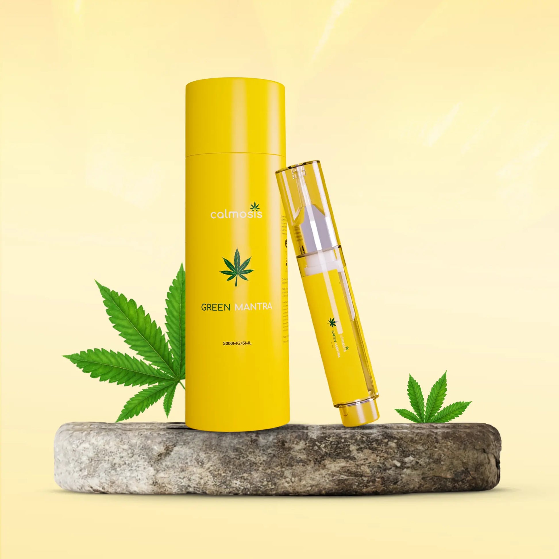 Yellow CBD product with cannabis leaf design on a light yellow background