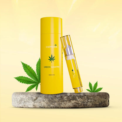 Yellow CBD product with cannabis leaf design on a light yellow background