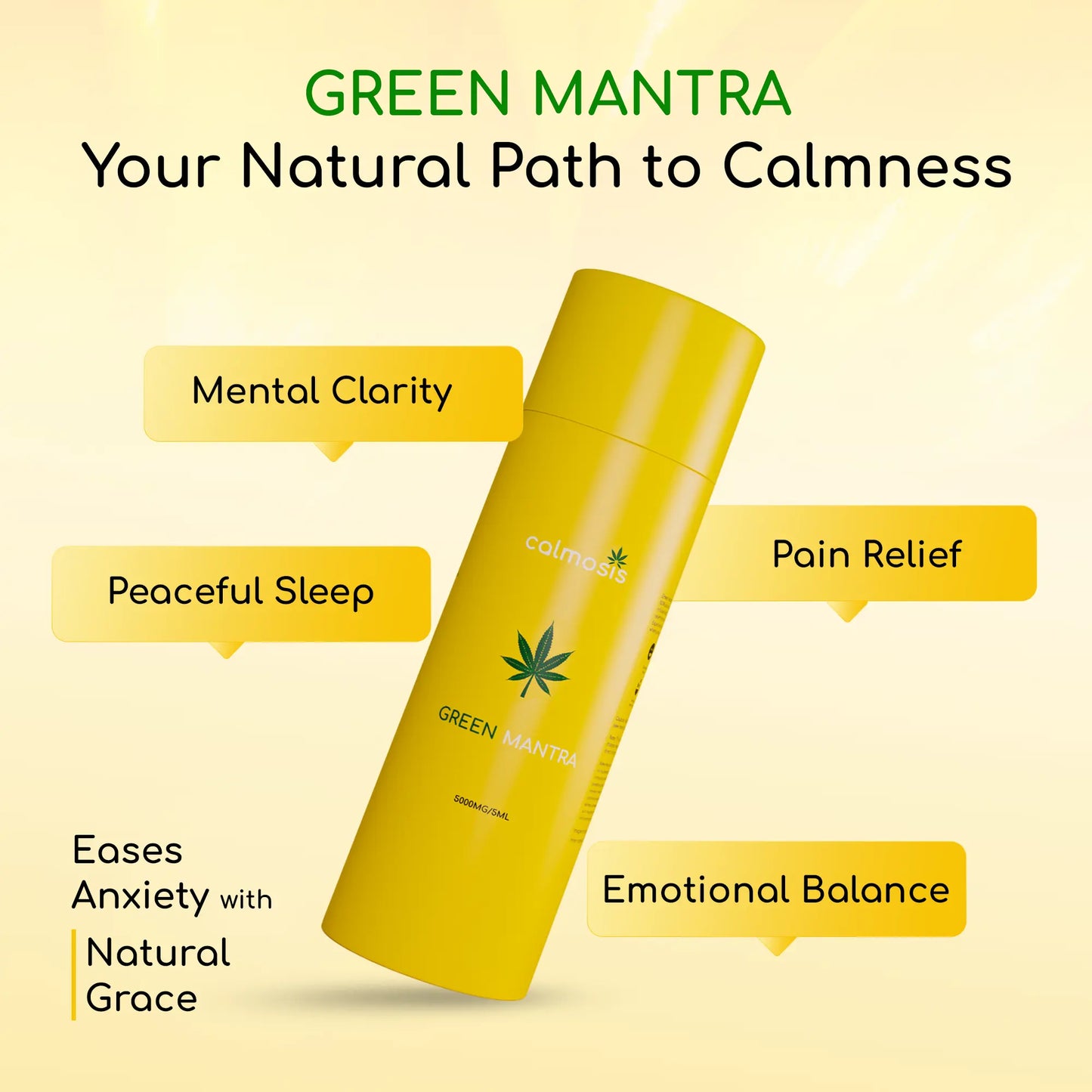 Yellow bottle labeled 'Green Mantra' with benefits listed on a yellow background