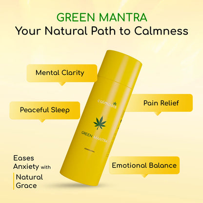 Yellow bottle labeled 'Green Mantra' with benefits listed on a yellow background