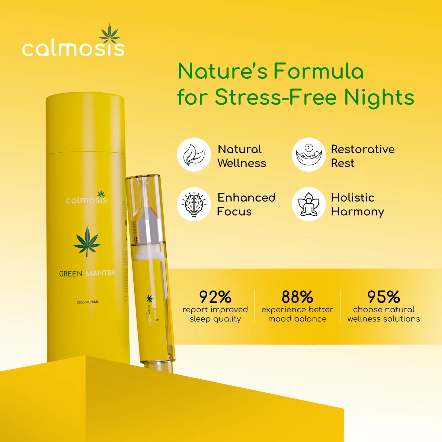 Calmosis CBD product with benefits on a yellow background